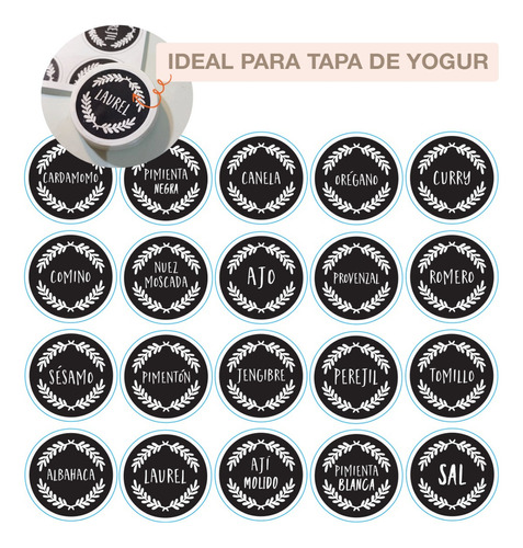 Etiquetas Para Frascos Condimentos Especias Tapa Yogur Color Blanco y negro