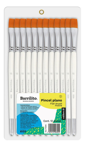 Pincel Plano P Pintura Acrílica Barrilito, Calibre 18- 12 Pz Cerdas Marrón
