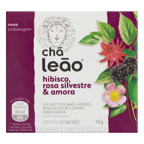 Chá Leão hibisco, rosa silvestre & amora em sachê 16 g 10 u