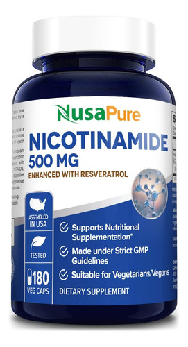 Nusapure Nicotinamida Con Resveratrol (vitamina B-3) 500 Mg - 180 Cápsulas Vegetarianas (sin Omg Y Sin Gluten)