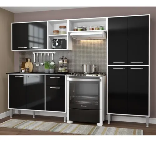 Cozinha Compacta Armário E Balcão Xangai Multimóveis Vm2840 Cor Branco/preto