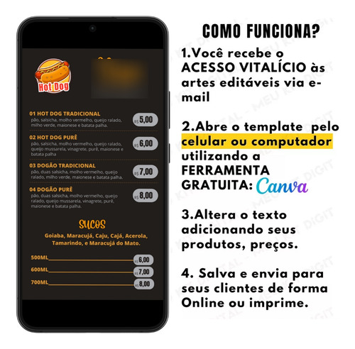 Cardápio Lanchonete - Editável Pc E Celular Canva - Preto