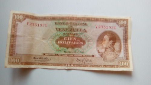 Billete Antiguo 100 Bolivares V2751931 Marzo/18/1969