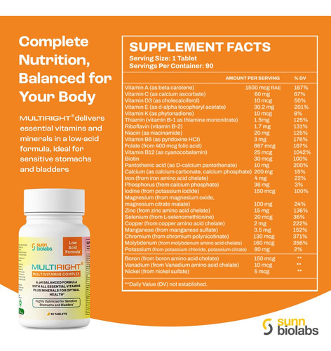 Multiright Multivitaminas Bajas En Ácido 90 Tabletas