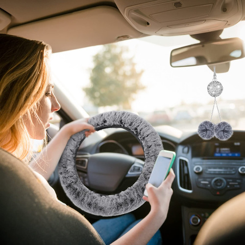 Juego De 6 Accesorios Para Volante Auto Gris Pelo Corto
