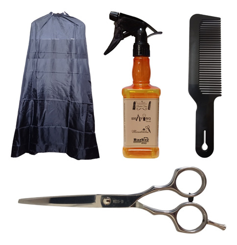 Combo Capa Barberia + Tijera + Rociador Whisky + Peine 167