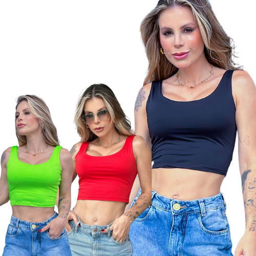 Kit 3 Pçs Cropped Top Regata Básico Estiloso Moda Blogueira