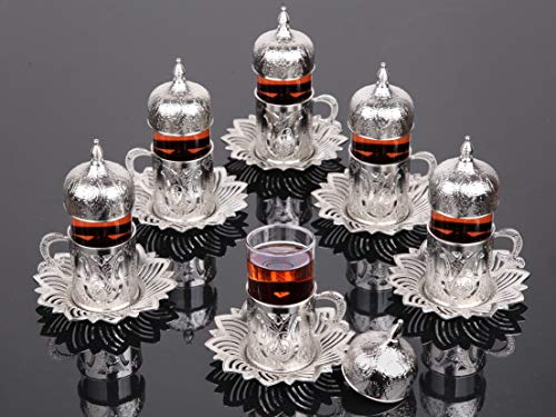 Turkish Arabic Tea Glasses Set Of 6 With Saucers, Lids And H