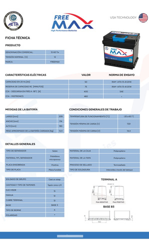 Bateria Freemax 12v 60a Der - 60tw (12-60)