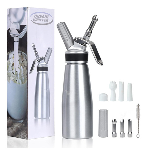 Vigind Dispensador De Crema Batida De 500 Ml Con Cuerpo Y Cabeza De Aluminio Resistente, Máquina De Crema Con 6 Boquillas De Decoración, Resistente A Fugas, Utiliza Cargadores N2o Estándar De 8 Gramos