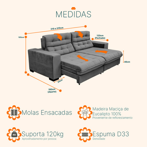 Sofá Molas Ensacadas e Pillow Top 2,30mts Pluma Cinza New Califórnia Sofá Casa