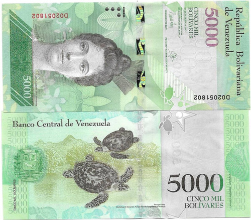 Billete Venezuela 5000 Bolivares Año 2017  Tortugas Sin Uso