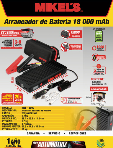 Arrancador De Baterías Jumper 18,000mah Mikels Mjs-18000