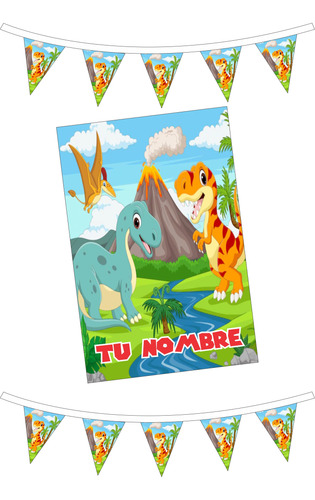 Dinosaurios Lona Personalizada Con Banderines  Fiestas