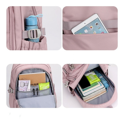 Mochila Jovem Escola Notebook Espaçosa Cor Rosa Urso Desenho Do Tecido Liso