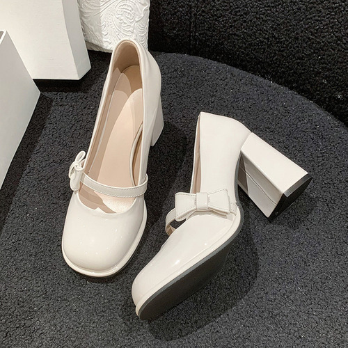 Nuevo Zapatos Mary Jane De Tacón Grueso Con Lazo Francés