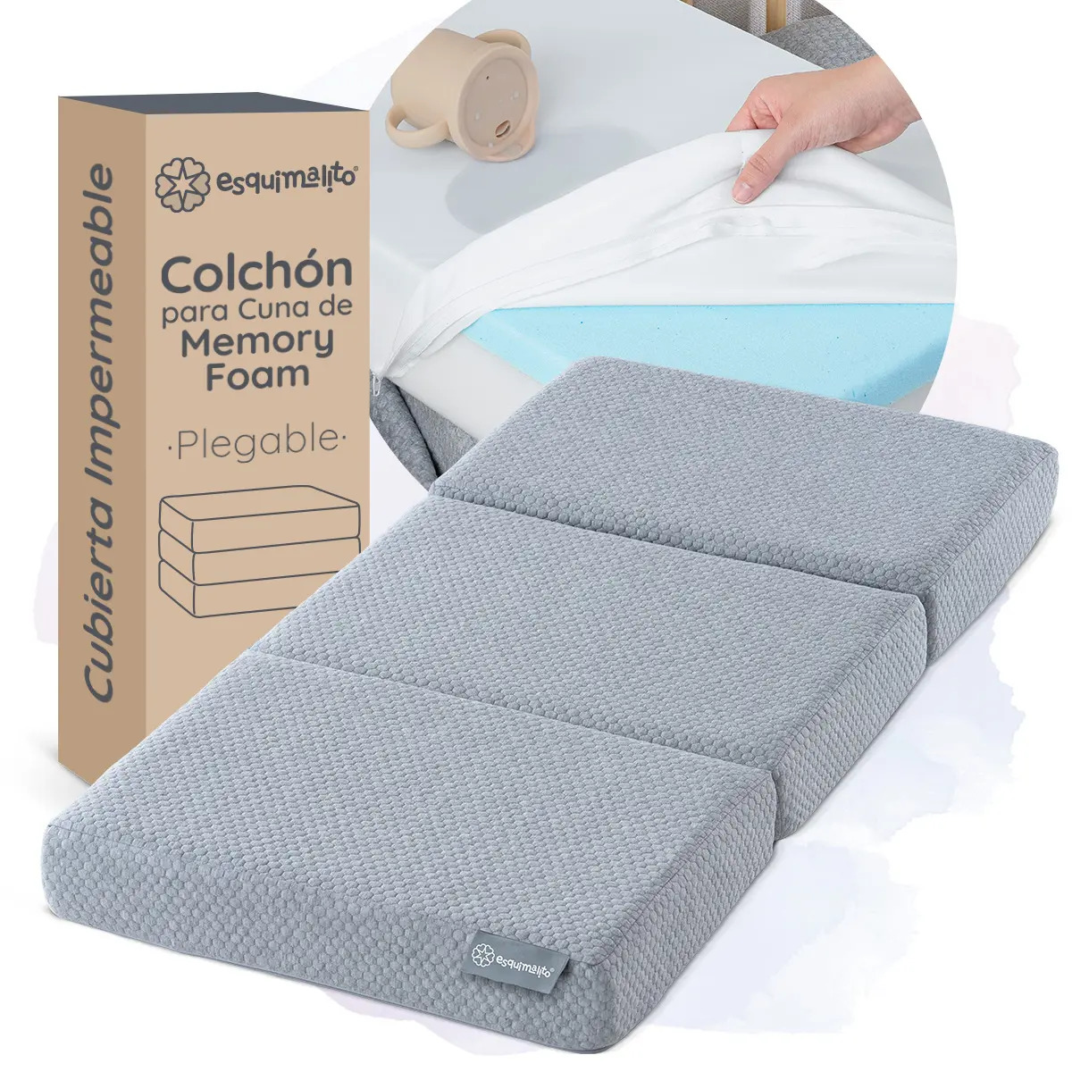 Colchón Plegable Para Cuna Esquimal Con Cubre Colchón Impermeable Y Funda Lavable, Colchoneta De Espuma Certificada (120x60 Cm)