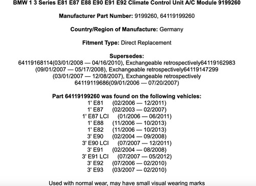 Modulo De Control De Clima A/c Bmw E81 E87 E88 E90 E91 E92 (Usado)