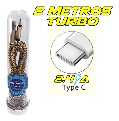 Imagem 1 de 1 de Cabo Usb Tipo C 2a Turbo Reforçado 2 Metros Moto One Xiaomi