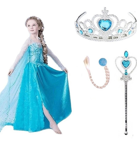 Vestido Frozen Elsa, Varita Y Corona Disfraz Cumpleaños