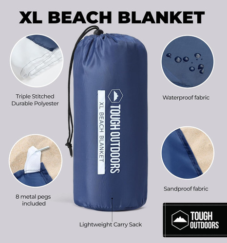 Manta De Playa Tough Outdoors 11x10 Pies Impermeable Azul Ma Raya Azul Marino Y Blanca