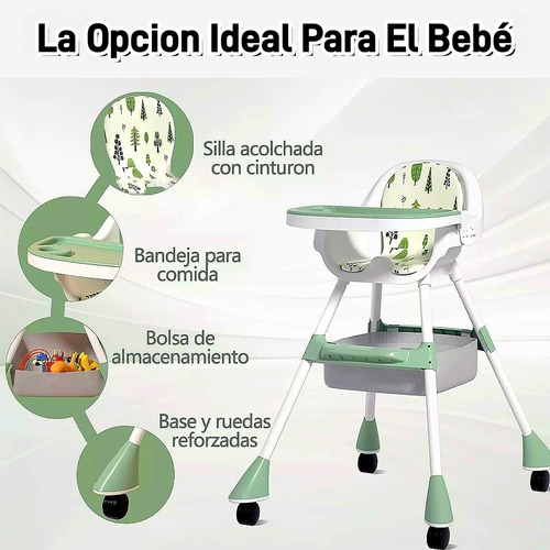 Ajustable Silla Alta Periquera Para Bebé Con Bandeja Silla Para Bebe 3 En 1 Verde