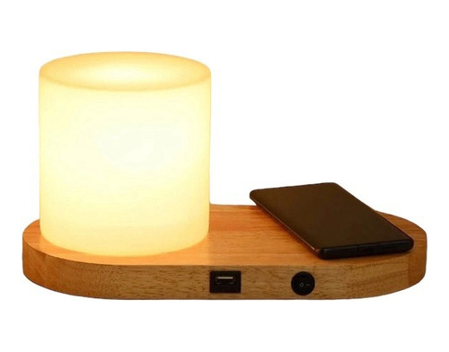 Lampara De Mesa Led Base Madera Cargador Inalámbrico Con Usb