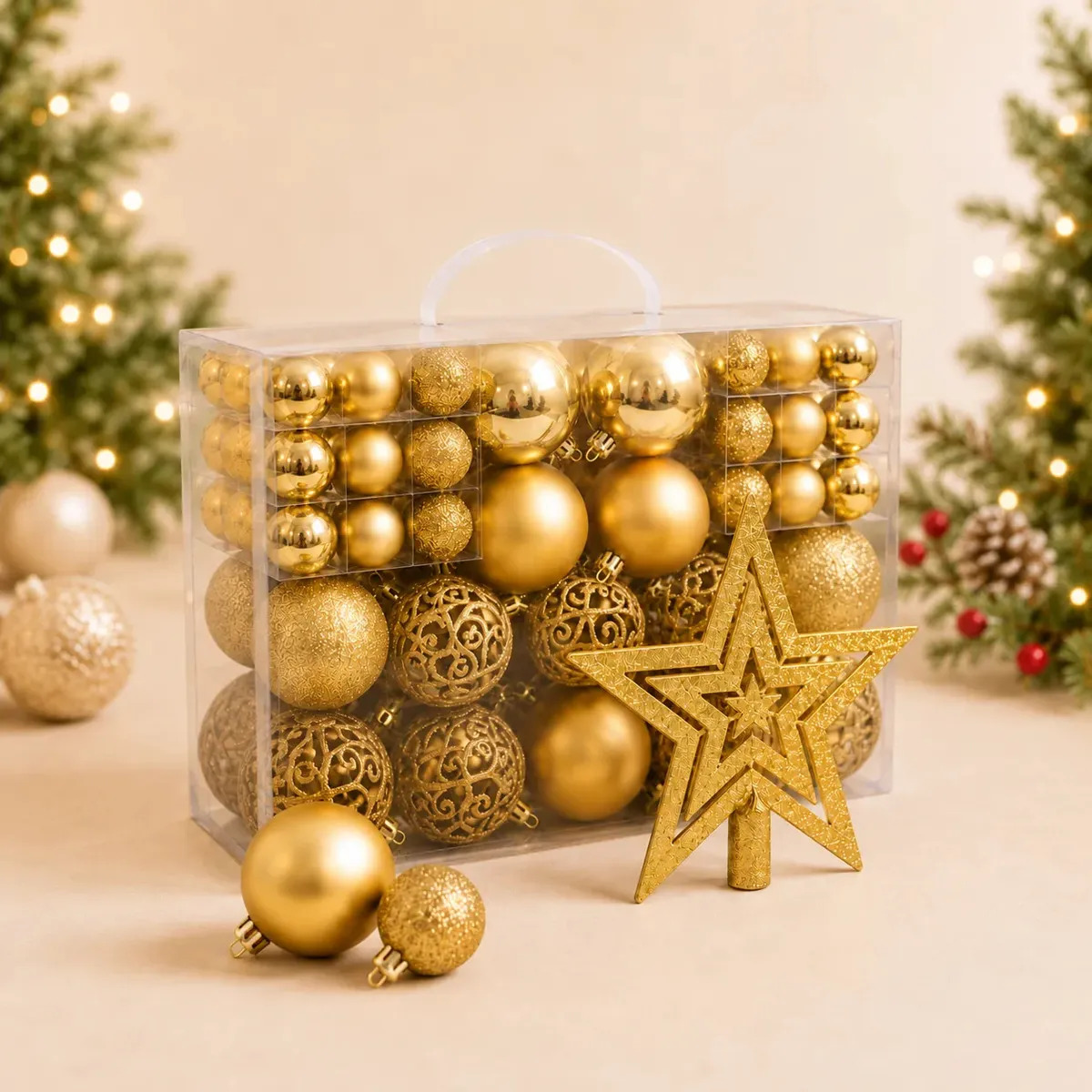 Kit Maleta 50 Bolas Pendentes + Estrela Ponteira Para Árvore De Natal Decoração Natalina Premium - Dourada