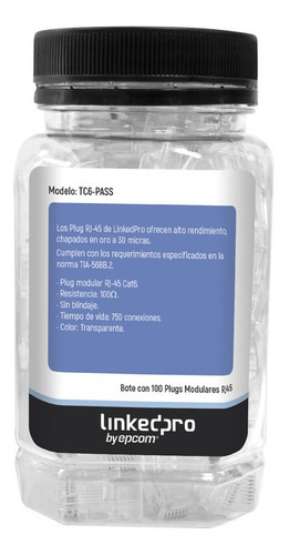 Imagen 2 de 5 de Linkedpro Tc6-pass Bote 100 Pzs Plug Rj45 Cat6 Sin Blindar