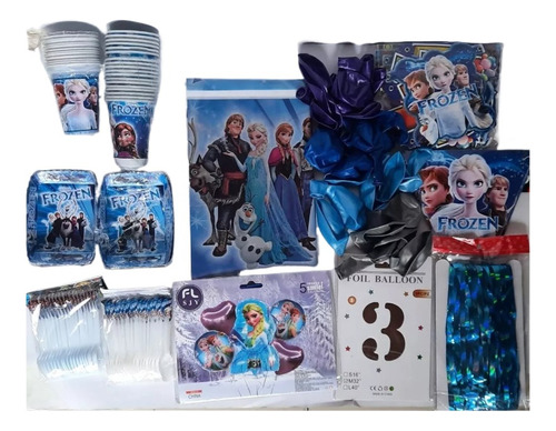 Kit Decoración Frozen 24 Niños+vasos+numero70cm+mantel