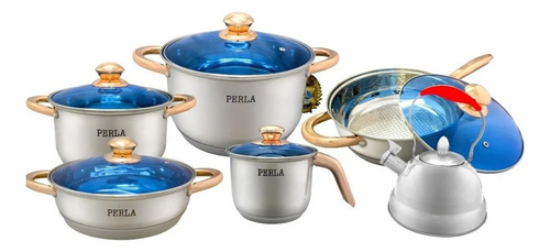 Batería De Cocina De Acero Inoxidable Con Tetera De 12pzs Plateado
