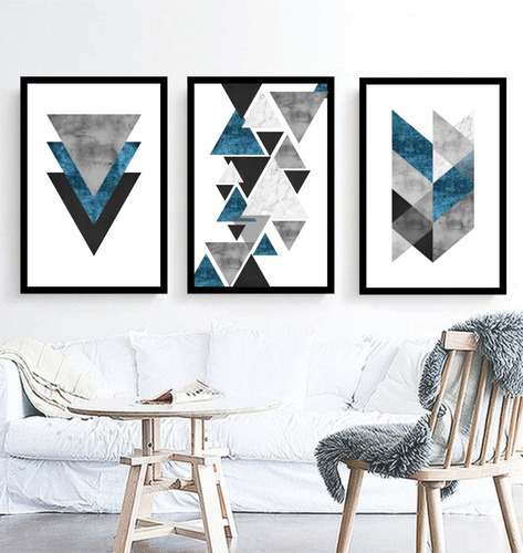 Quadro Decorativo Abstrato Azul Geométrico Cinza Para Sala Quarto Recepção Escritório Decoração Criativa