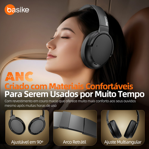 Basike BA-FON168 fone de ouvido over-ear bluetooth sem fio com anc ativo 80h bateria áudio hd graves intensos espuma com memória perfeito para viagens e home office Preto