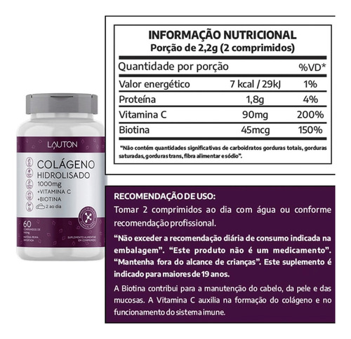 Colágeno Lauton + Biotina + Vitamina C 60 Comp Hidrolisado