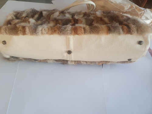 Cartera Bolso Cuero Y Piel Zorro Con Detalles De Vidriera Beige Oro