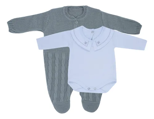 Kit Macacão Trançado Cinza E Body Gola Bordada Du
