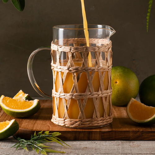 Jarra Garrafa Jarro 1l De Vidro E Fibra Natural Com Alça Cor Transparente