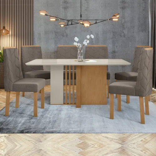 Conjunto Sala De Jantar Móveis Lopas Móveis Lopas Com 6 Cadeiras Mesa De - Amêndoa Clean/off White/animale Bege