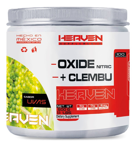 Heaven Oxido Nitrico + Clembu 500g 100 Servs Pre Entreno Uva