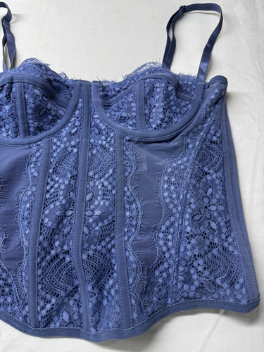 Corset Top Mujer Microtul Y Encaje Azul Acero S