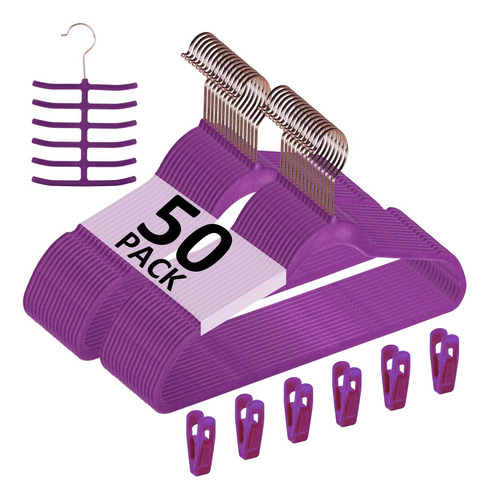 Perchas De Terciopelo Premium + Clips - Pack 50u. Purpura