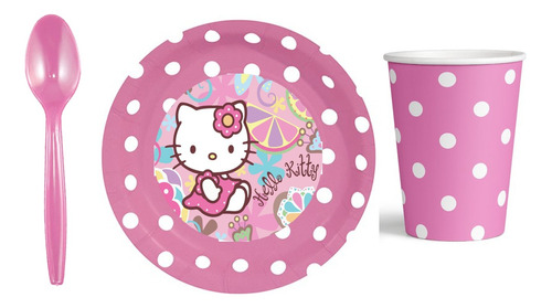 Platos Hello Kitty Cotillón Con Vaso Y Cuchara X 10 