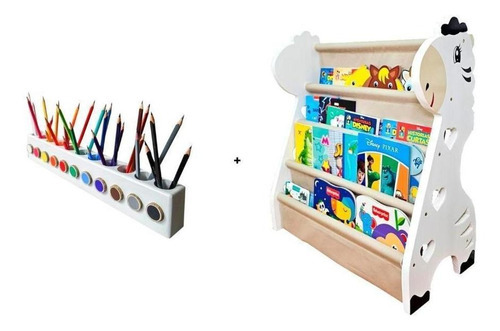 Rack Para Livros Infantil + Porta Lápis De Colorir Montessor