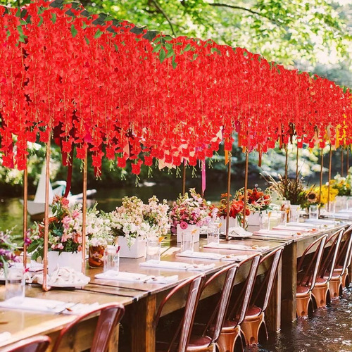24pzs Flores Artificial Wisteria Decoración Fiesta Boda 1.1m Rojo