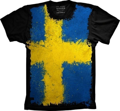 Camiseta Plus Size Unissex Algodão Preta Bandeira Da Suécia