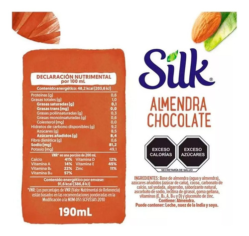 Bebida Vegetal Silk Almendra Chocolate 6 Pzs De 190 Ml C/u