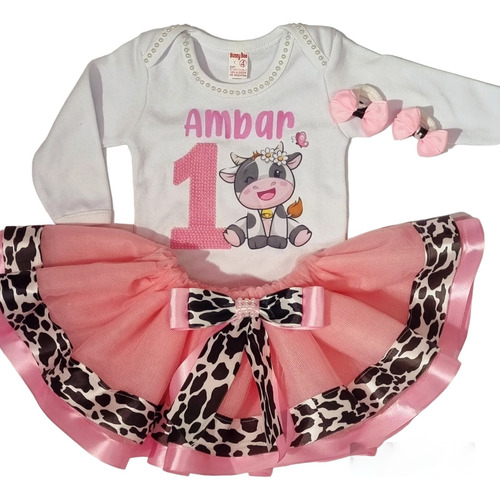 Remera O Body +tutu Personalizado. +vincha. Granja Vaca. Dis