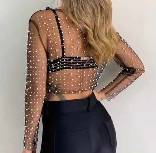 Remera Manga Larga Tul Importada Strass Perlas Brillos