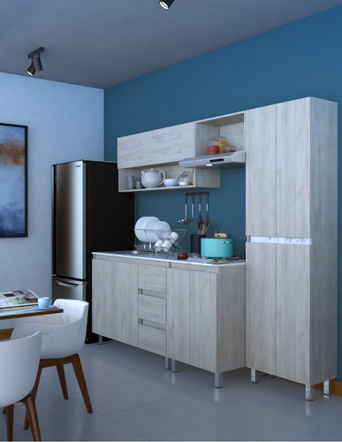 Cocina Integral Premium Decomobil Con Campana Y Parrilla Color Encino Polar - Mármol Blanco