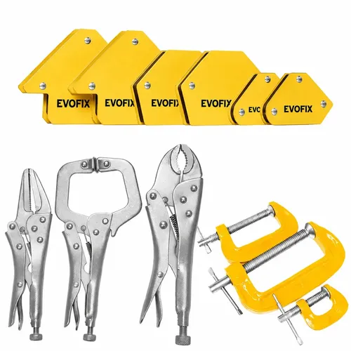 Kit de ferramentas para soldagem contendo seis esquadros magnéticos amarelos da marca Evofix, três alicates de pressão metálicos e três grampos sargento amarelos de diferentes tamanhos.